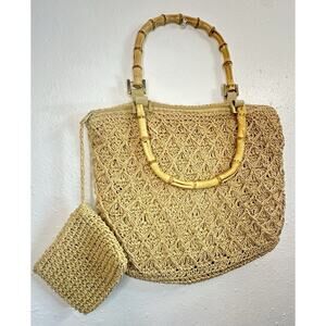 Woven Straw Purse With Bamboo Handles And Attached Coin Purse Charter Club